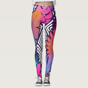 Leggings Fleurs Feuilles Exotiques Sur Géométrique