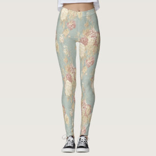 Leggings Fleurs Florales Blanches Rose Bleu Chic Shabby