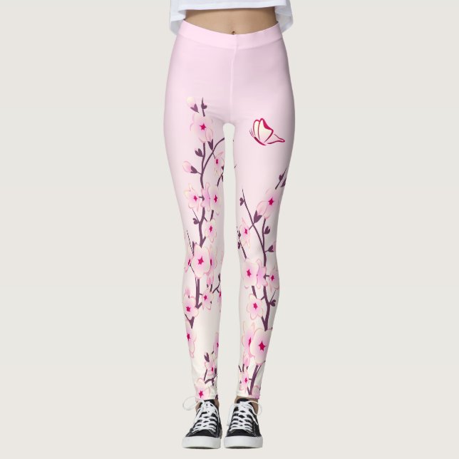 Leggings Fleurs florales de cerises Fille rose (Devant)