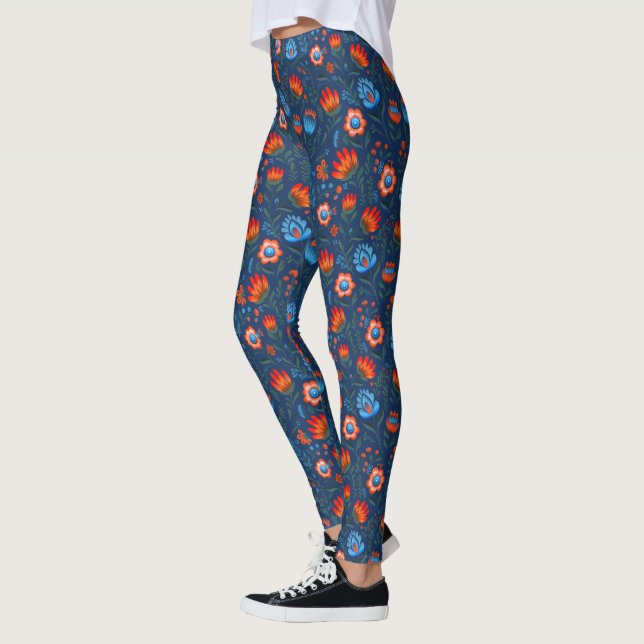 Leggings Fleurs folkloriques polonaises Wycinanki Bleu (Gauche)