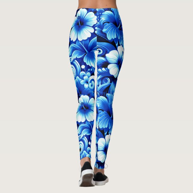 Leggings Fleurs hawaïennes tropicales Hibiscus Cobalt Bleu (Dos)