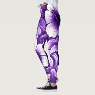 Leggings Fleurs hawaïennes tropicales Hibiscus violet blanc