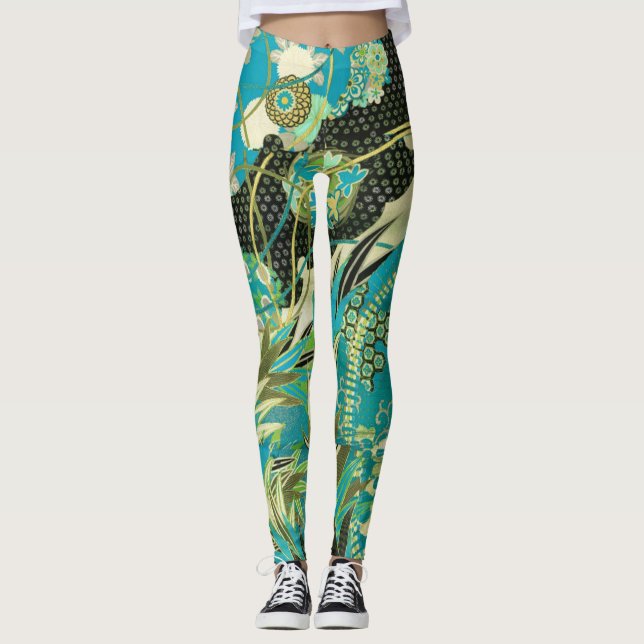 Leggings FLEURS JAPONAISES ANCIENNES Aqua Blue Green Floral (Devant)