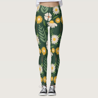Leggings Fleurs jaunes avec feuilles verts