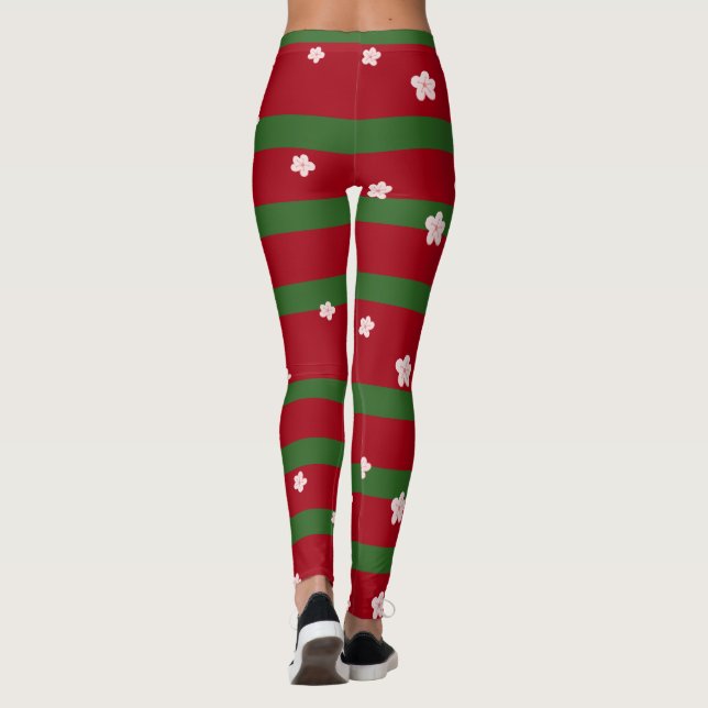 Leggings Fleurs mignonnes Floral sur Solid Vert Rouge Noël  (Dos)