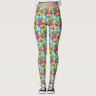 Leggings Fleurs multicolores modernes sur fond bleu clair