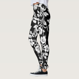 Leggings Fleurs noires et blanches modernes Filigree artwor