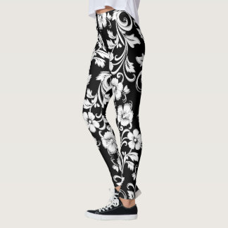 Leggings Fleurs noires et blanches modernes Filigree artwor