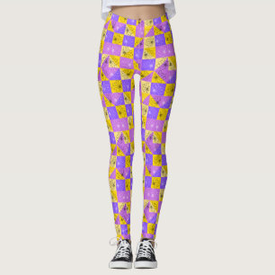 Leggings fleurs noires sur rose violet et or abstrait