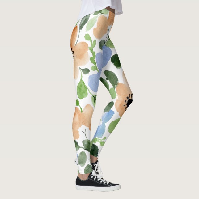 Leggings Fleurs partout, Pêche, Bleu, Aquarelle verte (Droite)