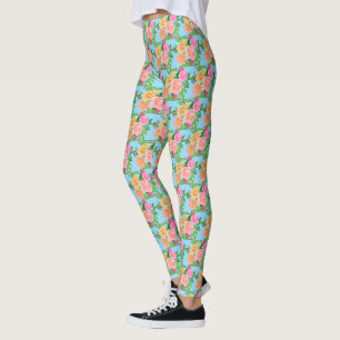 Leggings Fleurs roses aquarelles tendance sur fond bleu cla