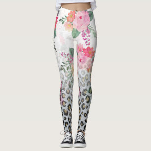 Leggings Fleurs roses Empreintes de léopard noires en argen