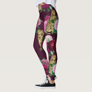 Leggings Fleurs roses et gros chats d'or Imprimer l'entraîn