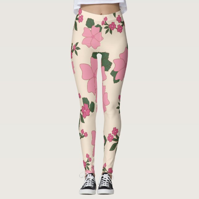 Leggings Fleurs Roses, Motif Floral, Motif De Fleurs (Devant)