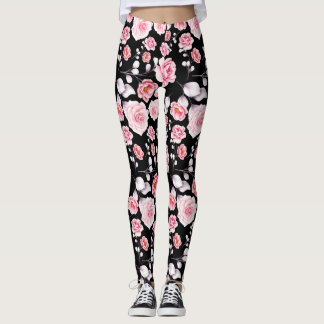 Leggings Fleurs roses motif sur noir