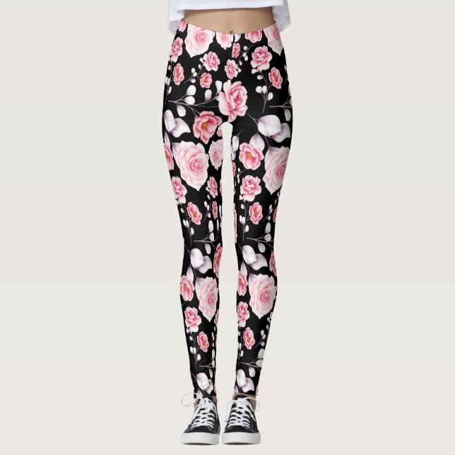 Leggings Fleurs roses motif sur noir (Devant)