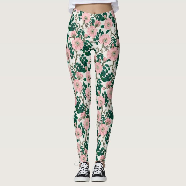 Leggings Fleurs Roses roses et Motif Feuille vert (Devant)