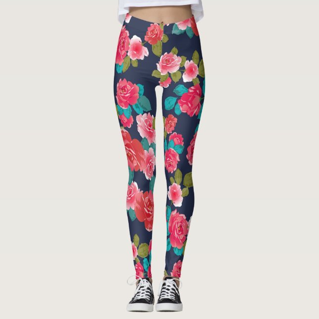 Leggings Fleurs roses rouges (Devant)
