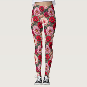 Leggings Fleurs roses, rouges et mauves