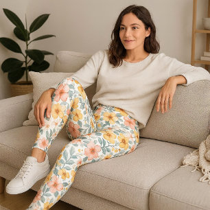 Leggings Fleurs roses sur fond floral blanc