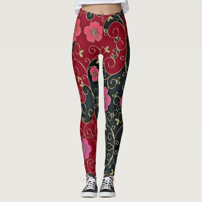 Leggings Fleurs Rouges Élégantes Avec Feuilles Or Et Fils (Devant)
