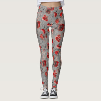 Leggings Fleurs rouges sur Gris foncé, Pépites rouges à pap