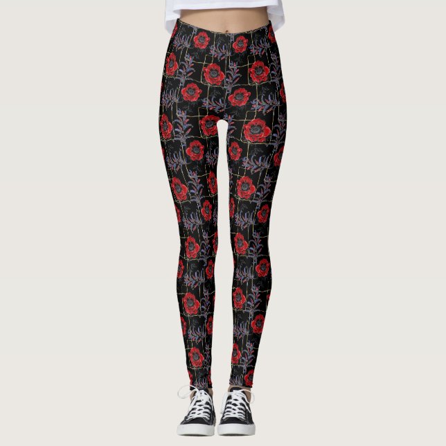 Leggings Fleurs rouges sur le noir. (Devant)