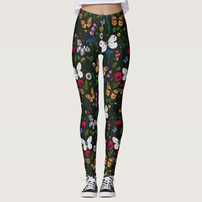 Leggings Fleurs sauvages et papillons sur le noir (Devant)