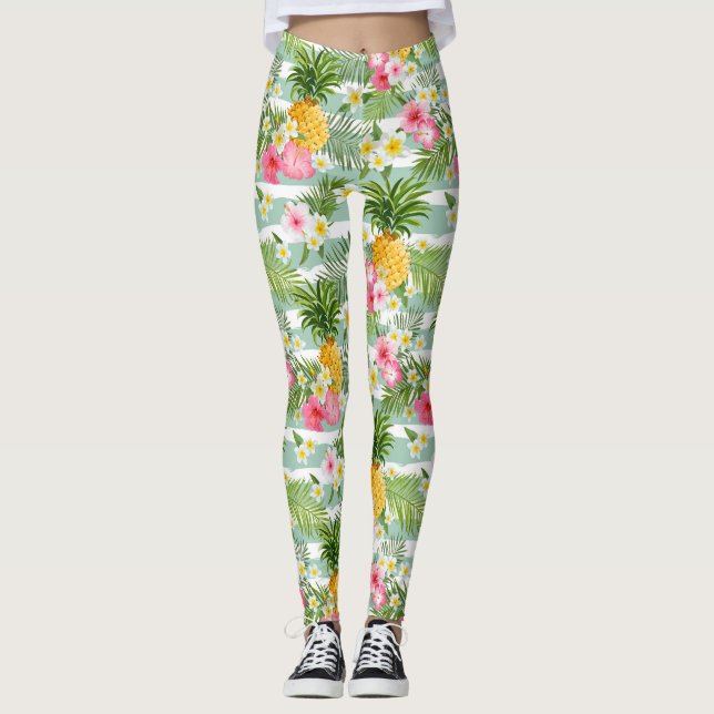 Leggings Fleurs tropicales et ananas sur les bandes Turquoi (Devant)