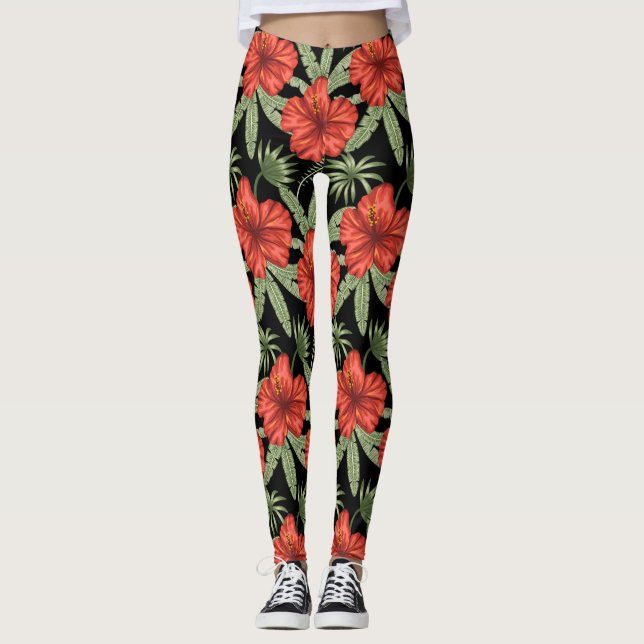 Leggings Fleurs tropicales rouges sans coutures motif vert  (Devant)