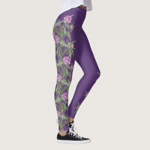Leggings Fleurs violettes de chardon et rayures violettes