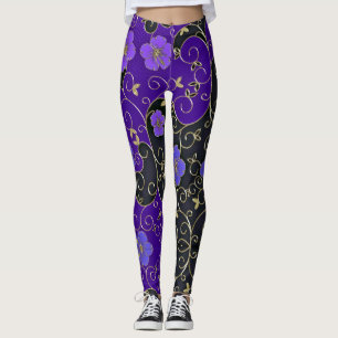 Leggings Fleurs Violettes Élégantes Avec Feuilles D'Or Et F