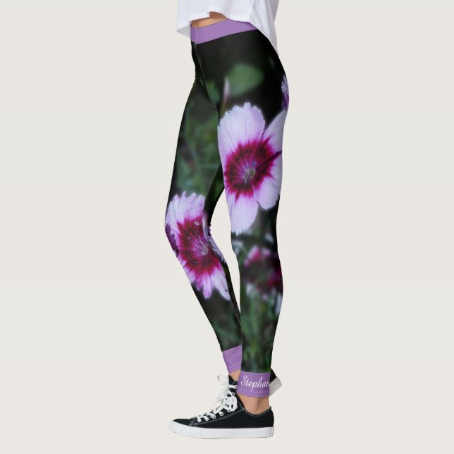 Leggings Fleurs violettes, Nom Personnalisé Yoga Exercice (Gauche)