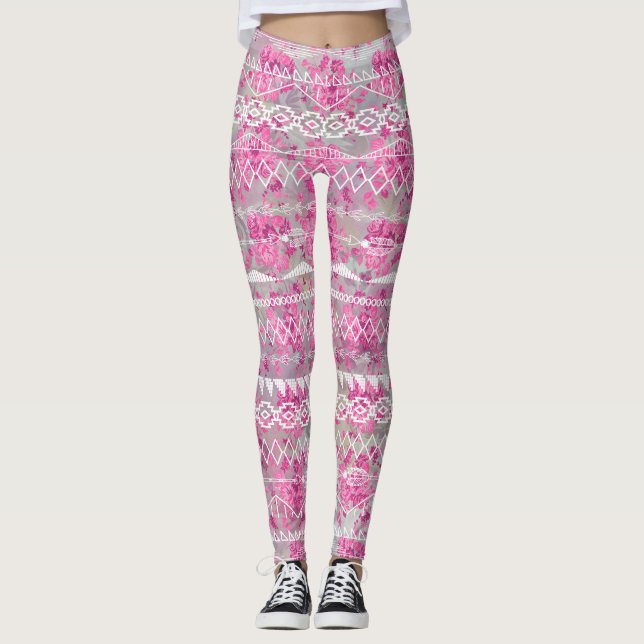 Leggings Floral Abstrait Aztec Tribal violet Motif rose (Devant)
