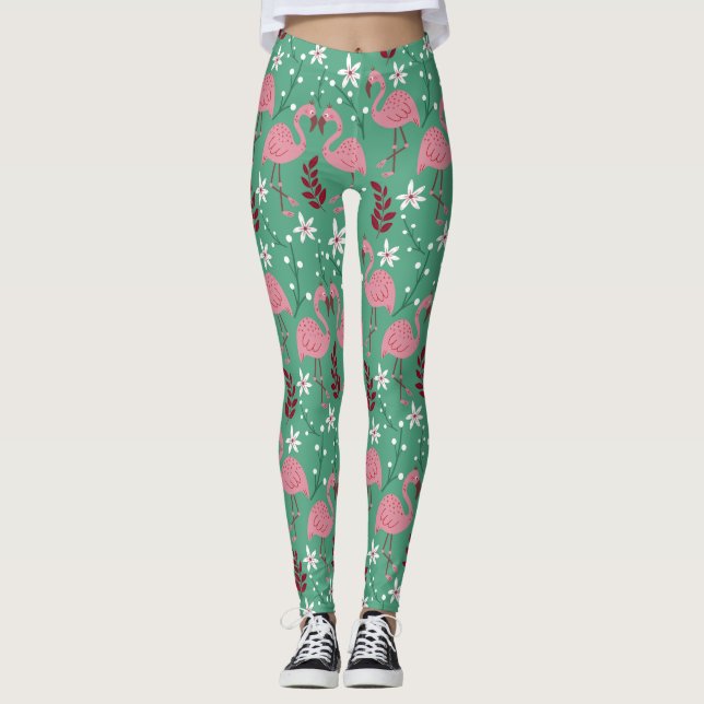Leggings Floral flamingo sans couture motif rose vert (Devant)