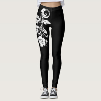 Leggings Floral Flugubre élégant Moderne Noir et blanc