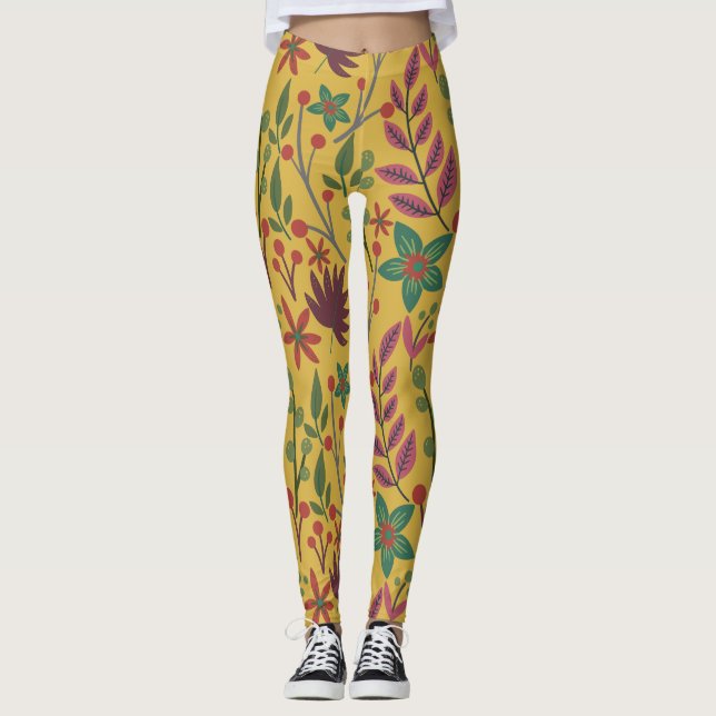 Leggings Floral sans couture motif fleurs jaunes et feuille (Devant)