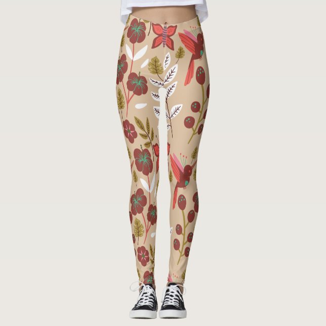Leggings Floral seamless pattern flowers, birds, butterfly (Devant)