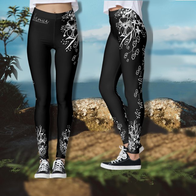 Leggings Flore noire et blanche dessinée à la main (Black and White Floral Pattern Leggings)