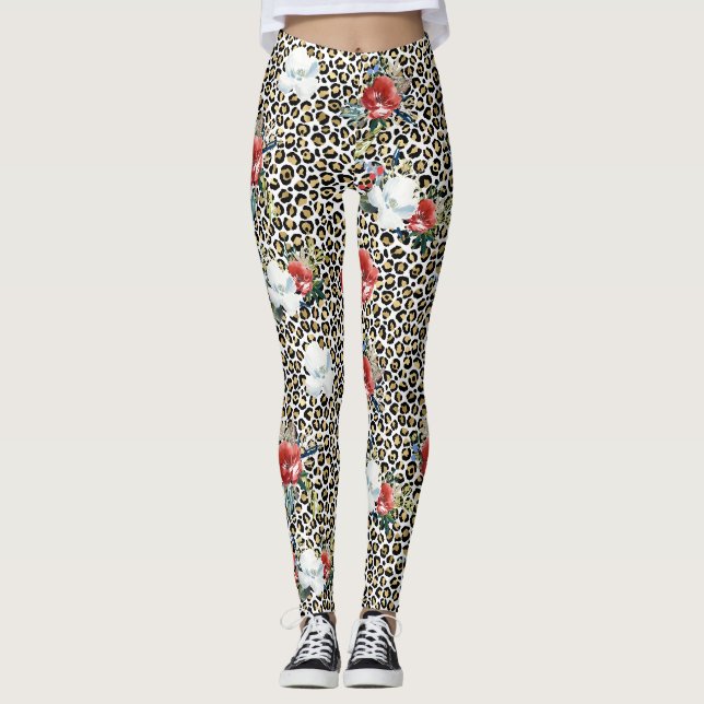 Leggings Flore rouge blanc Empreinte de léopard d'or (Devant)