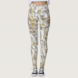 Leggings Flore stylisée blanc avec métal or