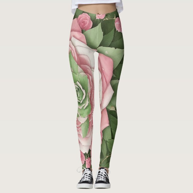 Leggings Floreado de Hojas Verdes y Flores Rosas (Devant)