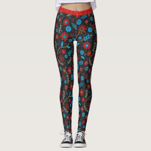 Leggings Flower Chic Motif Rouge or Bleu Parties scintillan