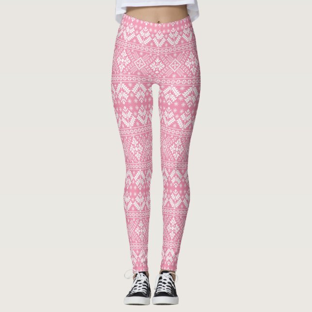 Leggings Foire d'hiver rose pâle et blanc sur l'île Noël (Devant)