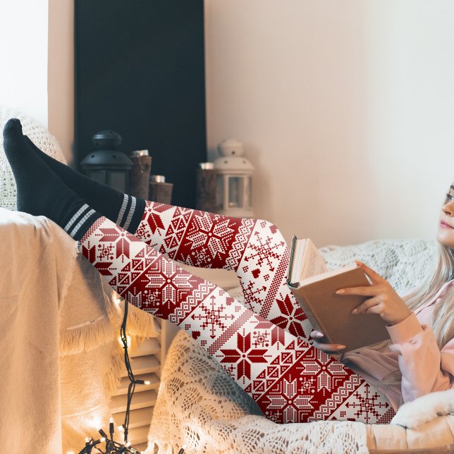 Leggings Foire d'hiver rouge foncé Motif Isle (Red Fair Isle Winter Pattern Leggings (choose your own alternating colour))