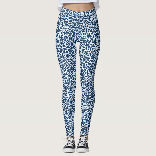 Leggings Formes Abstrait 140821 - Indigo Blue sur blanc (Devant)