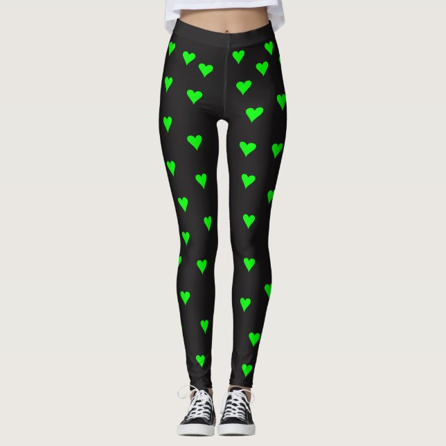 Leggings Formes de coeur vert vif sur un Arrière - plan noi (Devant)