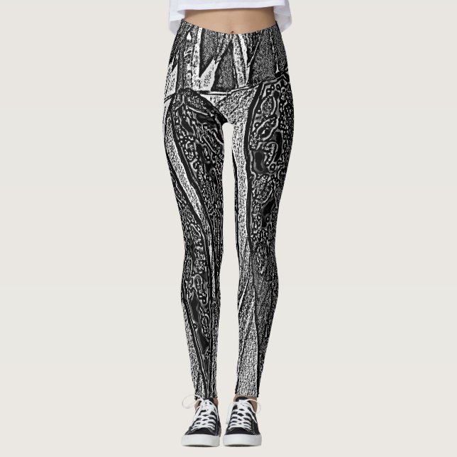 Leggings formes en feuilles noires et blanches design conte (Devant)