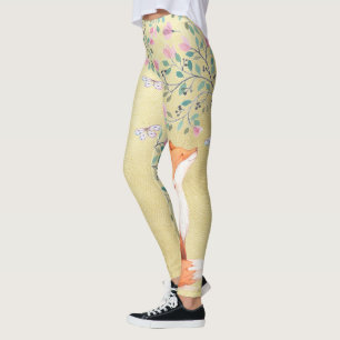 Leggings Fox avec des papillons et des fleurs roses