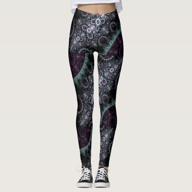 Leggings Fractale florale en spirale verte pourpre foncée (Devant)
